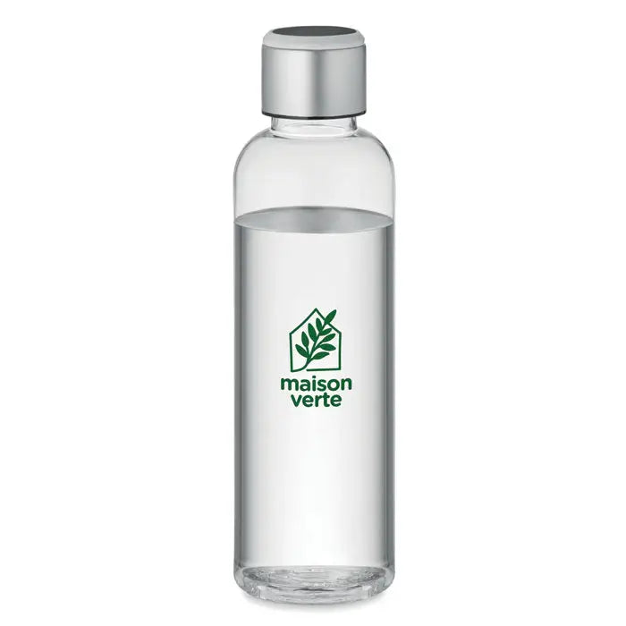 Sticla clara de apa tritan cu capac metalic argintiu si logo verde maison verte pentru memento senzor