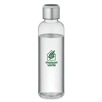 Sticla clara de apa tritan cu capac metalic argintiu si logo verde maison verte pentru memento senzor