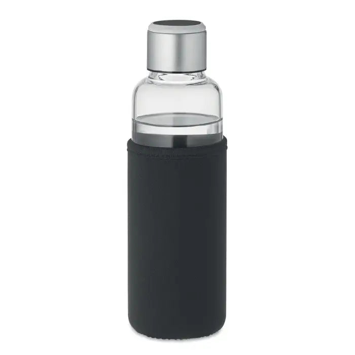 Sticla memento senzor din sticla transparenta cu capac argintiu si maneca neagra din silicon