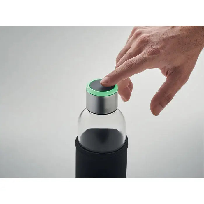 Sticla memento senzor din sticla transparenta cu maneca din silicon negru si capac argintiu cu inel verde