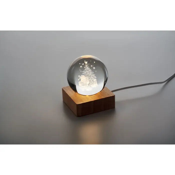 Minge de cristal led de craciun transparenta cu glob glob din sticla si iluminare calda pe baza de lemn