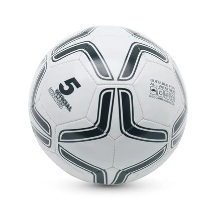 Minge de fotbal din pvc 21,5 cm alba cu modele geometrice negre si branding 5 official