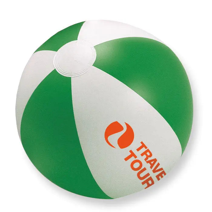 Minge de plaja gonflabila verde si alba cu dungi si logo portocaliu trave tour