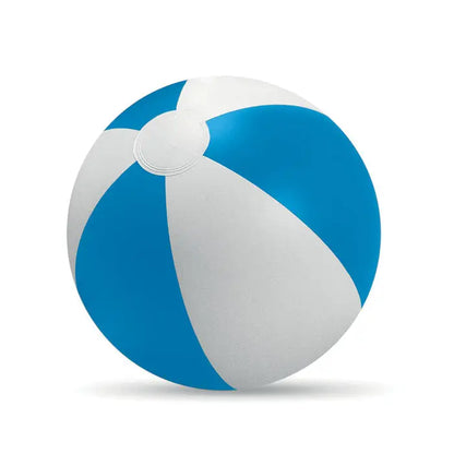 Minge de plaja gonflabila albastra si alba cu dungi, ideala pentru joaca pe plaja si in apa