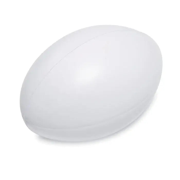 Minge de rugby antistres din plastic alb cu suprafata neteda si lucioasa si linii subtile de cusatura