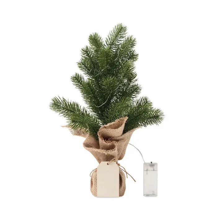 Mini brad artificial de Craciun cu ace dense si verzi vibrant, infasurat in sac din iuta rustic legat cu sfoara