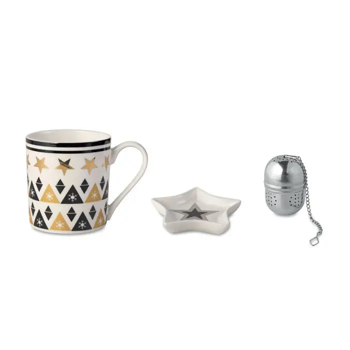 Mini filtru cu placă cană albă ceramică cu model steluțe negre și aurii și margine neagră în cutie