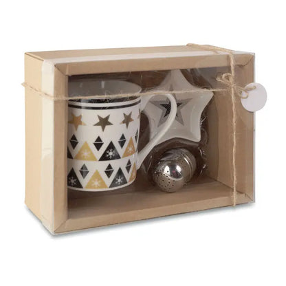 Mini filtru cu placa cana in cutie alb ceramic cu model geometric stelute si triunghiuri aurii si negre