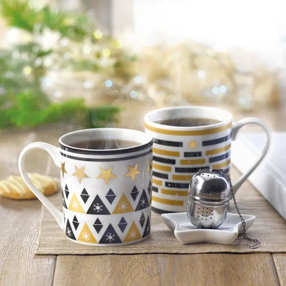 Mini filtru cu placa cana alba ceramica cu model geometric stea negru si auriu in cutie