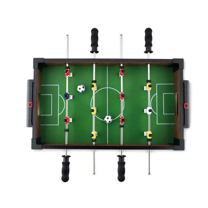 Mini fotbal de masa verde cu manere negre si figuri rosii si galbene pentru joc de masa distractiv