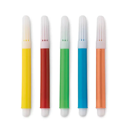 Set de cinci markere fluorescente din plastic colorate cu capace albe si grip texturat pentru mini geanta de cumparaturi