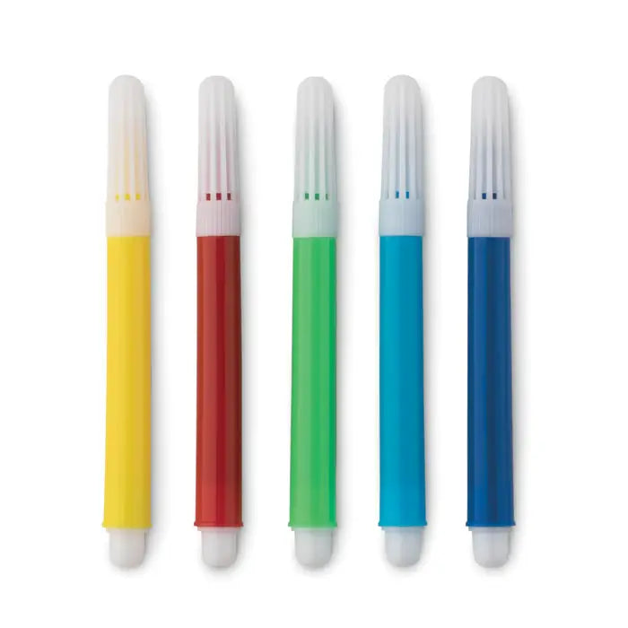 Set de cinci markere colorate din plastic cu capac alb si varf biselat pentru mini geanta de cumparaturi