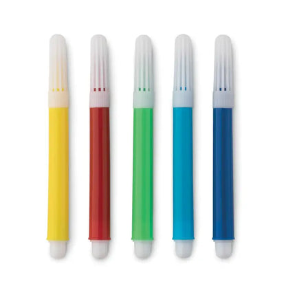 Set de cinci markere colorate din plastic cu capac alb si varf biselat pentru mini geanta de cumparaturi