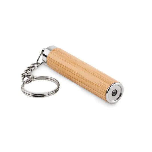 Mini lanterna din bambus cu breloc, cu capac metalic argintiu lustruit si inel, design elegant si compact