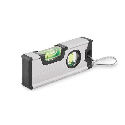 Mini nivel magnetic din aluminiu compact argintiu si negru cu vial verde si breloc integrat