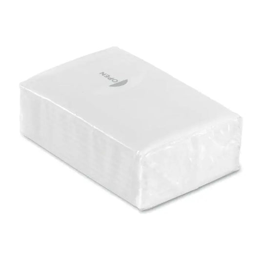 Mini servetele in pachet alb dreptunghiular, ambalat in plastic transparent cu sigla gri open