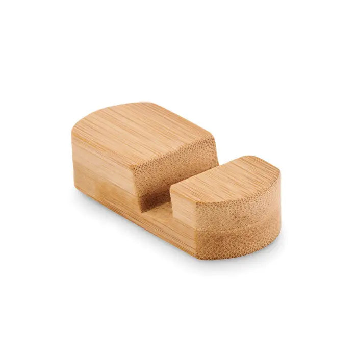 Mini suport pentru telefon din bambus maro deschis cu finisaj natural si doua sloturi curbate ergonomice pentru dispozitive