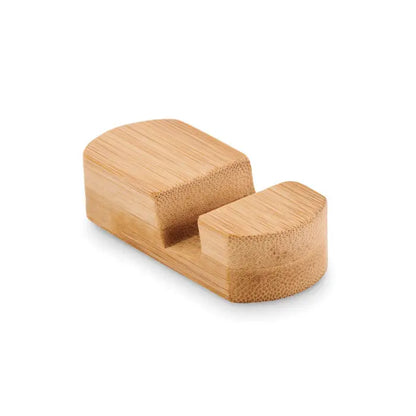 Mini suport pentru telefon din bambus maro deschis cu finisaj natural si doua sloturi curbate ergonomice pentru dispozitive
