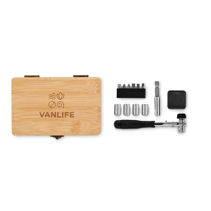Set de scule din 13 piese, cutie din bambus