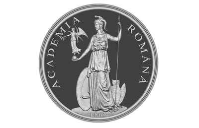 Monedă comemorativă din argint cu o figură feminină clasică ținând o suliță și un scut, cu inscripția „academia română” și datată 1866.