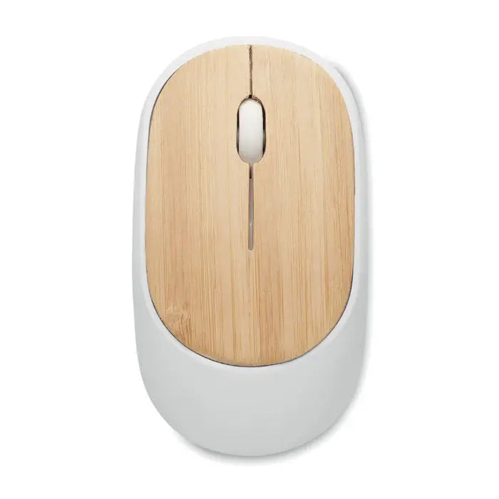 Mouse fara fir din bambus cu suprafata lemn natur si laterale albe netede cu rola de scroll integrata