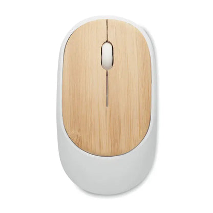 Mouse fara fir din bambus cu suprafata lemn natur si laterale albe netede cu rola de scroll integrata
