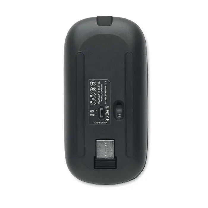 Mouse fara fir reincarcabil negru cu slot receptor usb si comutator de pornire vazut din spate