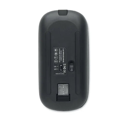 Mouse fara fir reincarcabil negru cu slot receptor usb si comutator de pornire vazut din spate