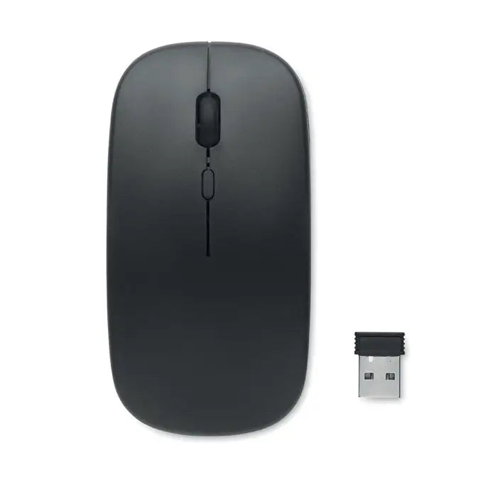 Mouse fara fir reincarcabil negru cu design minimalist si receptor usb compatibil pentru utilizare wireless