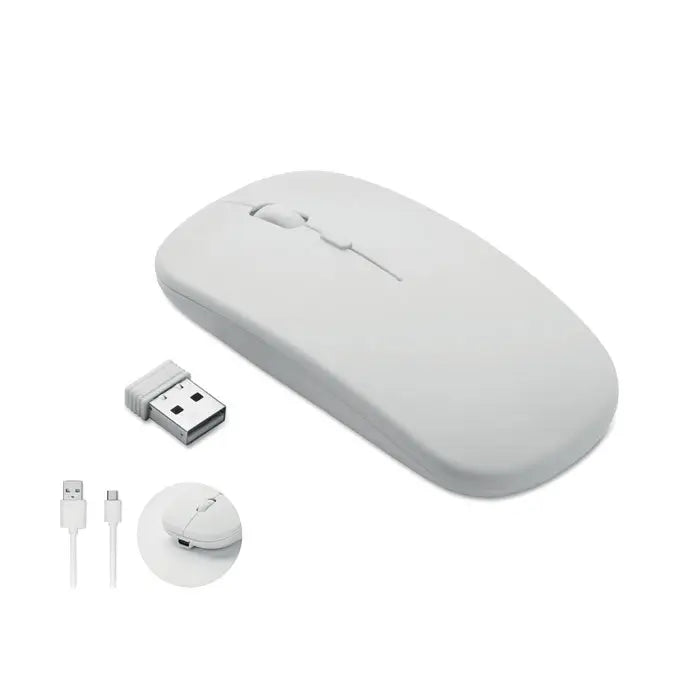 Mouse fara fir reincarcabil alb cu design minimalist si contururi elegante pentru utilizare wireless