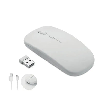 Mouse fara fir reincarcabil alb cu design minimalist si contururi elegante pentru utilizare wireless