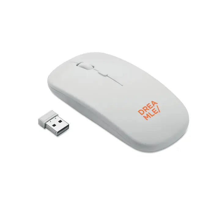 Mouse fara fir reincarcabil alb cu design ergonomic si logo portocaliu drea mle plus receptor usb inclus