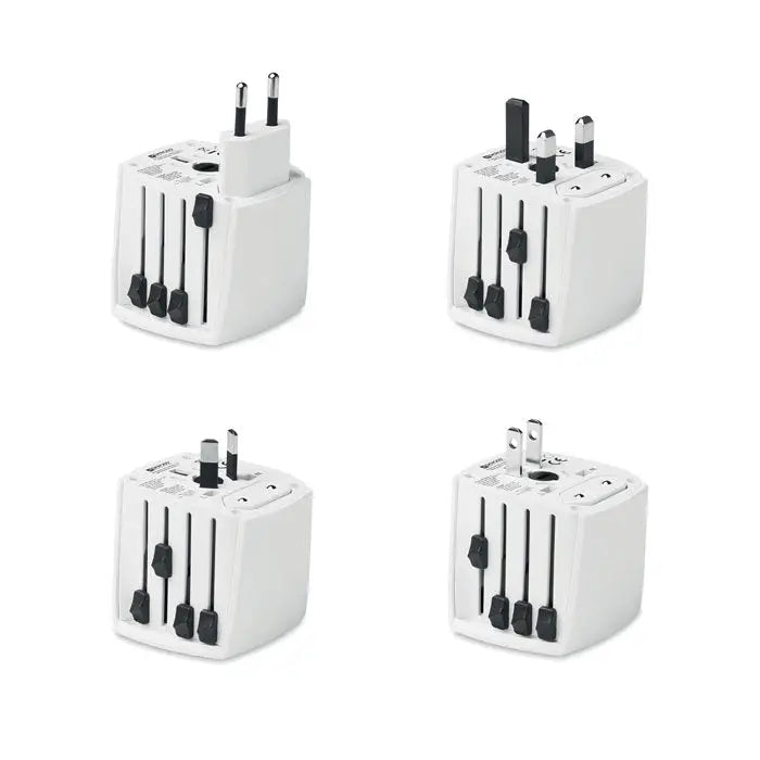 Adaptor de călătorie alb muv micro 2 poli cu pini interschimbabili negri și design compact cubiform