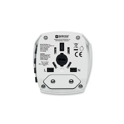 Adaptor de alimentare 12v skross worldconnect rc alb cu multiple porturi usb si prize ac pentru uz mondial muV micro 2 poli