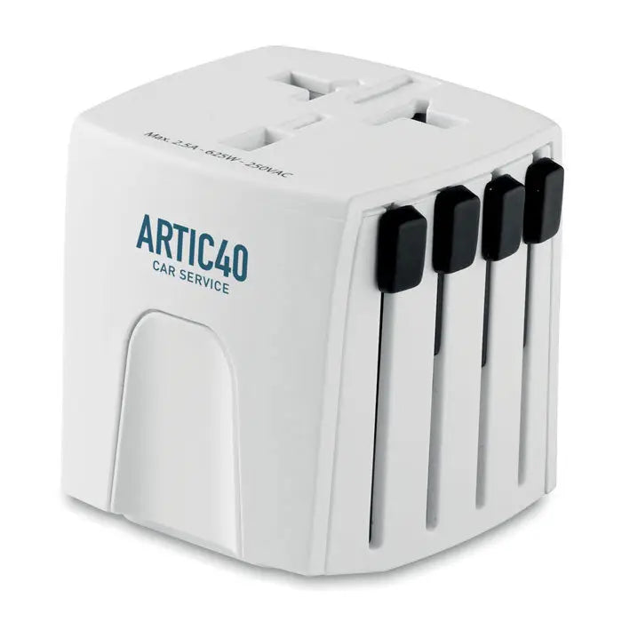 Adaptor de călătorie artic40 alb din plastic cu prize glisante negre și etichetă car service model muv micro 2 poli