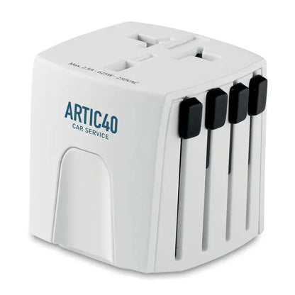 Adaptor de călătorie artic40 alb din plastic cu prize glisante negre și etichetă car service model muv micro 2 poli