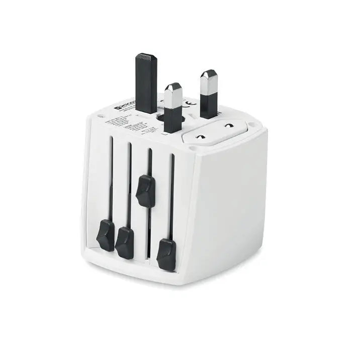 Adaptor de călătorie MUV micro 2 poli alb din plastic cu pini de priză negri și argintii și prize interschimbabile internaționale