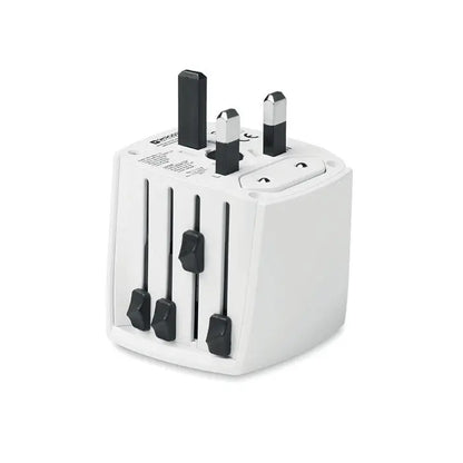 Adaptor de călătorie MUV micro 2 poli alb din plastic cu pini de priză negri și argintii și prize interschimbabile internaționale