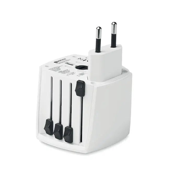 Adaptor de călătorie universal alb din plastic muv micro 2 poli cu prize glisante negre și pini metalici