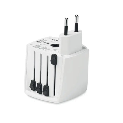 Adaptor de călătorie universal alb din plastic muv micro 2 poli cu prize glisante negre și pini metalici