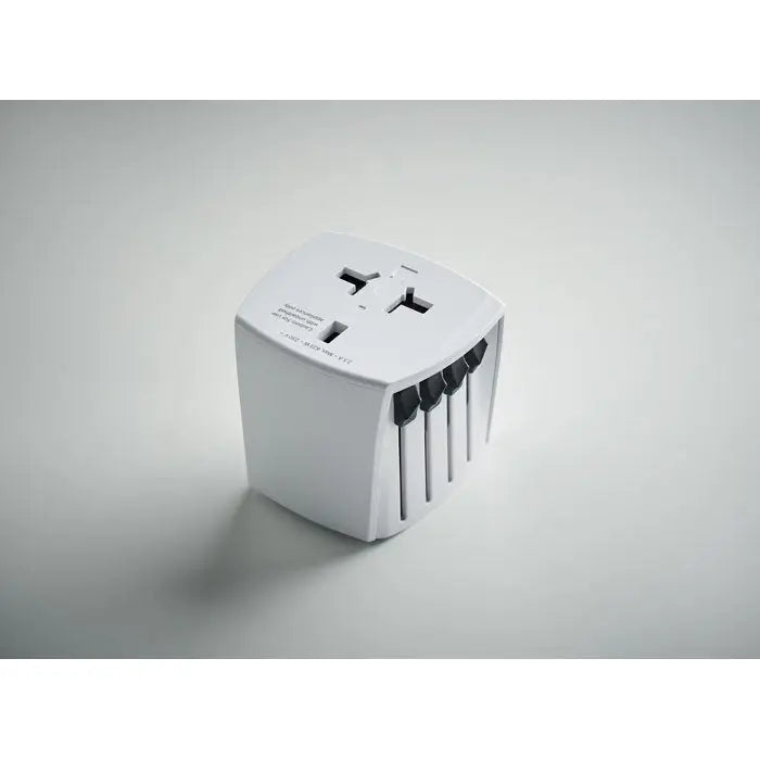 Adaptor de călătorie universal mUV micro 2 poli din plastic alb cu configurații multiple și pini negri de împământare