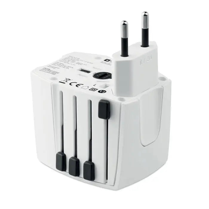 Adaptor universal de călătorie muv usb 2 poli din plastic alb cu accente negre și configurații multiple de prize