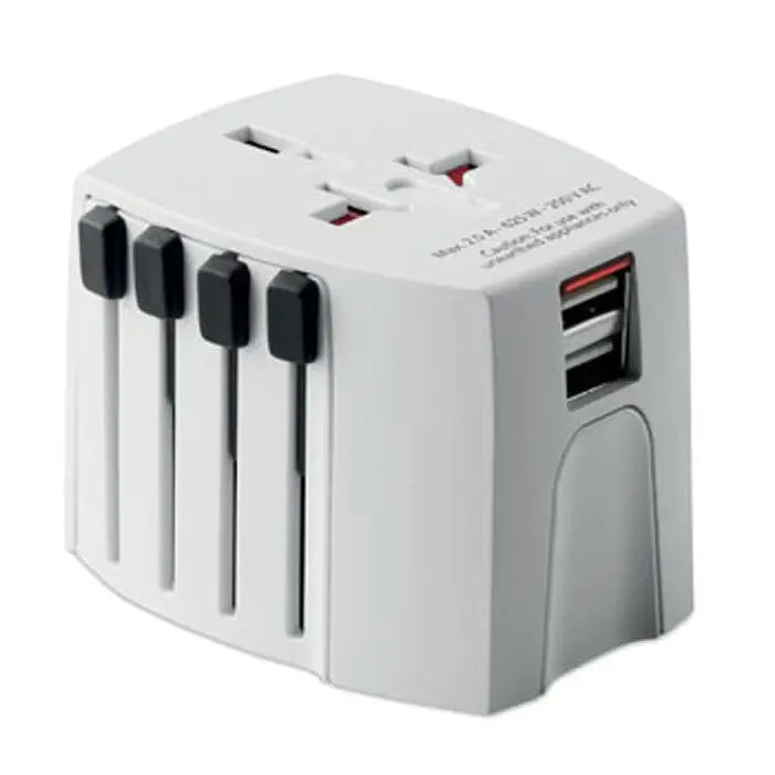 Adaptor universal de călătorie MUV USB 2 poli alb din plastic cu comutatoare negre și porturi USB