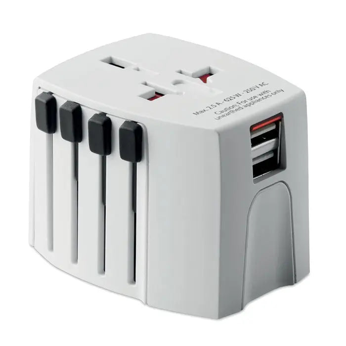 Adaptor universal de călătorie alb din plastic MUV USB 2 poli cu comutatoare negre și port USB