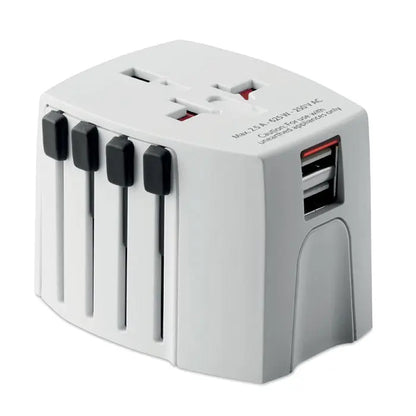 Adaptor universal de călătorie alb din plastic MUV USB 2 poli cu comutatoare negre și port USB