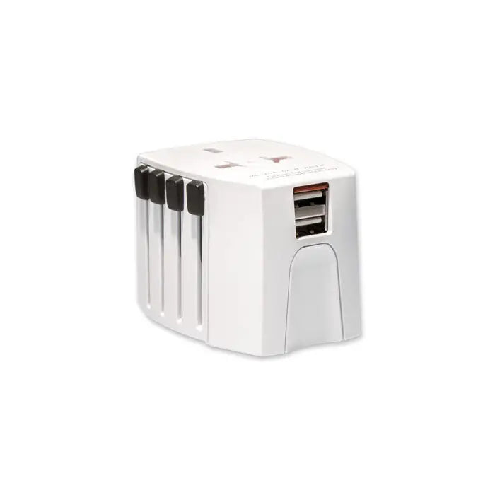 Adaptor universal de călătorie muV usb alb din plastic cu multiple configurații de prize și porturi usb