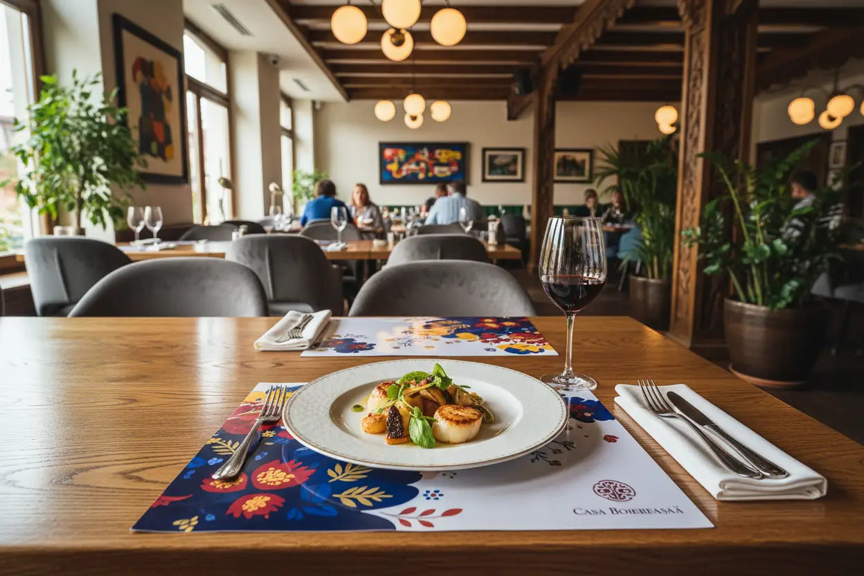 Napron de masă din hârtie plastifiată personalizat cu logo, așezat într-un restaurant modern, protejând masa de lemn.