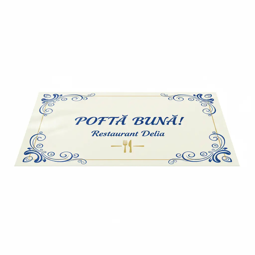 Detaliu napron plastifiat mat cu logo personalizat, produs de tipografia Andor Tipo.