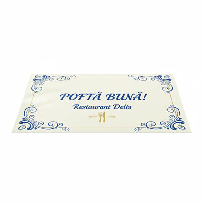 Detaliu napron plastifiat mat cu logo personalizat, produs de tipografia Andor Tipo.