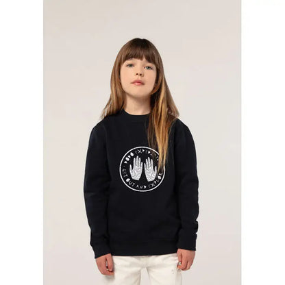 Bluza neagră Supreme Kids 280g din bumbac cu imprimeu alb circular cu două mâini și text în jur